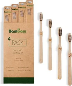 Brosse à Dents En Bambou | Moyen | 4 Pièces | Brosse à Dents Eco En Bois | Blanchiment Des Dents Au Charbon De Bois Actif | Brosse à Dents Antibactérienne | Manche 100% Biodégradable | Bambaw