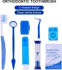 Set Orthodontique 8 Pièces - Brosse à Dents, Brosse Interdentaire, Fil Dentaire, Miroir, Sablier, Brosse à Dents Pliable - Blauw