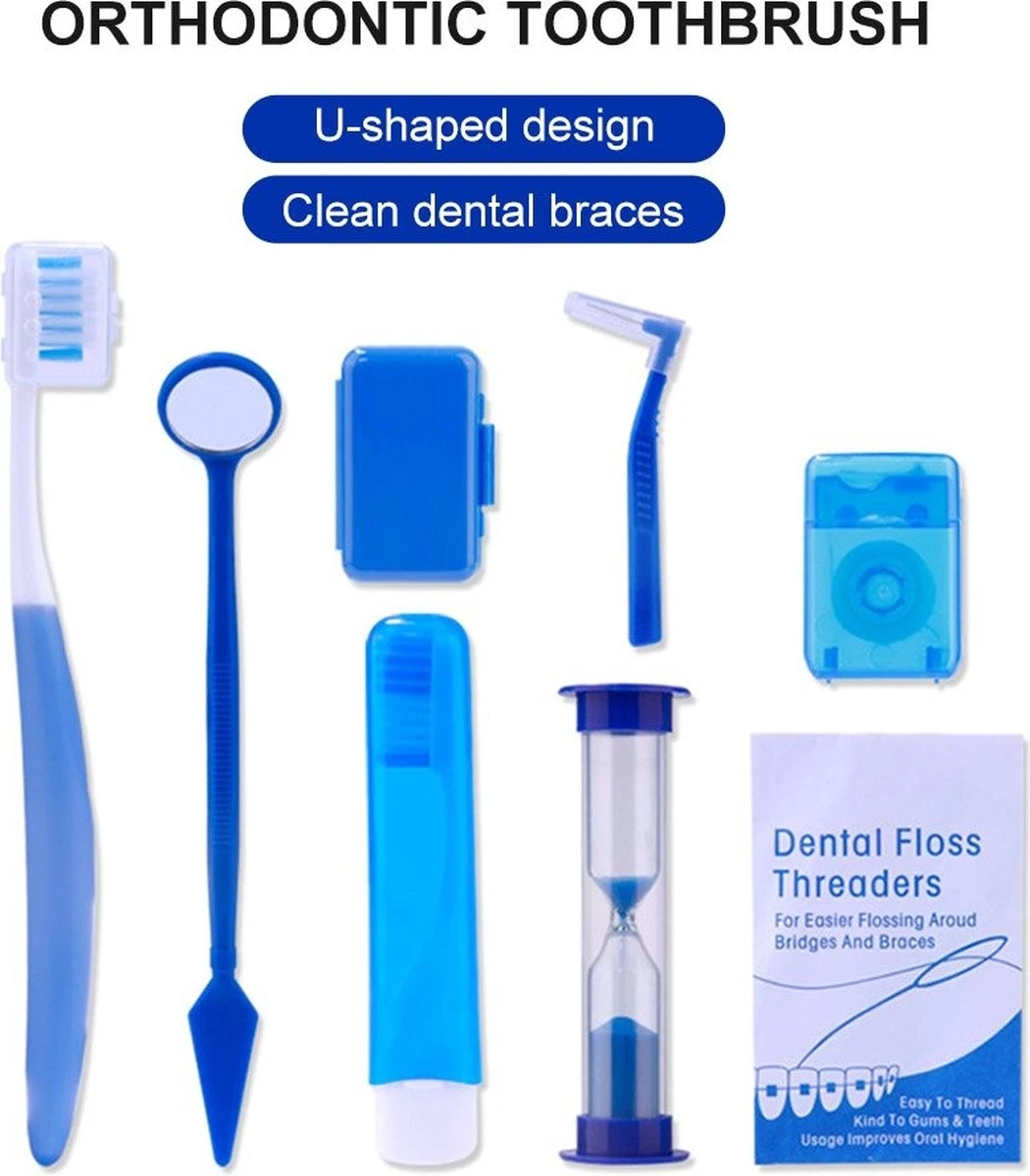 Set Orthodontique 8 Pièces - Brosse à Dents, Brosse Interdentaire, Fil Dentaire, Miroir, Sablier, Brosse à Dents Pliable - Blauw 1 Set Orthodontique 8 Pièces - Brosse à Dents, Brosse Interdentaire, Fil Dentaire, Miroir, Sablier, Brosse à Dents Pliable - Blauw