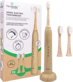 Optismile Natural - Brosse à Dents Electrique Aspect Bamboe - Avec 2 Têtes De Brosse En Bamboe Offertes - 4 Modes De Brossage - 3 Niveaux D'Intensité - Minuterie Intégrée
