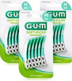 GUM® SOFT-PICKS Nettoyant Interdentaire Avancé | Incurvé Pour Un Accès Spécifié Aux Endroits En Pente | Effet Doux Pour L'ensemble Des Gencives | 3x60 Pièces (taille M : ISO 2-4, 0 Mm)