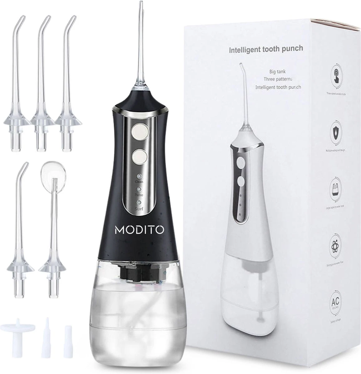 MODITO Hydropulseur PRO - 350ML - 3 Positions - 6 Attachements - Irrigateur Buccal - Hydropulseur Sans Fil - Zwart 1 MODITO Hydropulseur PRO - 350ML - 3 Positions - 6 Attachements - Irrigateur Buccal - Hydropulseur Sans Fil - Zwart