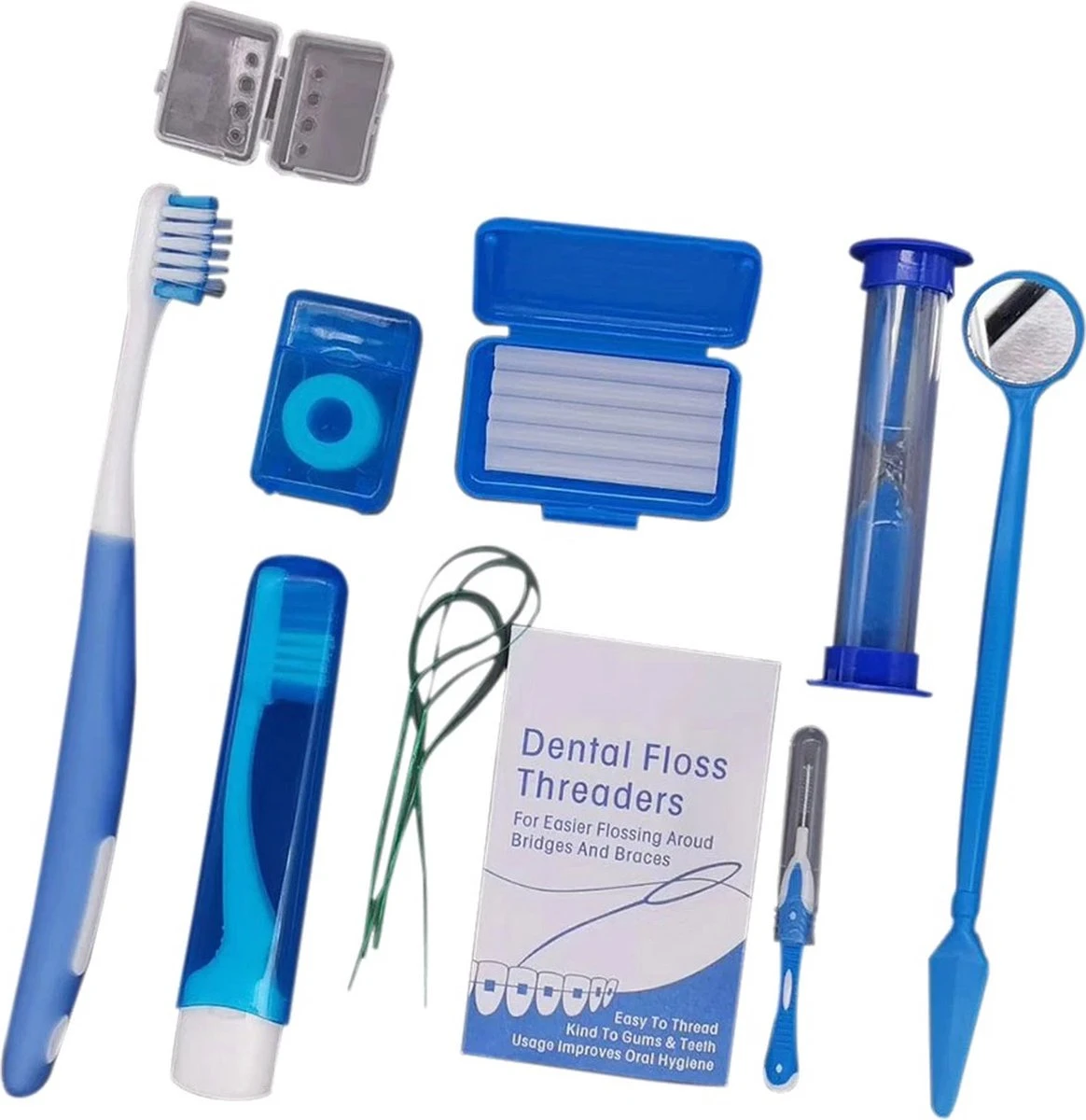 Set Orthodontique 8 Pièces - Brosse à Dents, Brosse Interdentaire, Fil Dentaire, Miroir, Sablier, Brosse à Dents Pliable - Blauw 2 Set Orthodontique 8 Pièces - Brosse à Dents, Brosse Interdentaire, Fil Dentaire, Miroir, Sablier, Brosse à Dents Pliable - Blauw – Image 2