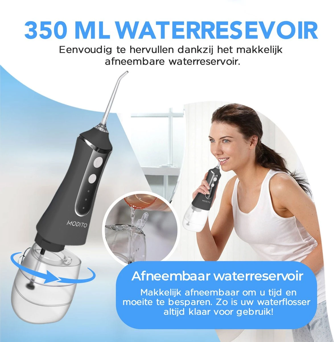 MODITO Hydropulseur PRO - 350ML - 3 Positions - 6 Attachements - Irrigateur Buccal - Hydropulseur Sans Fil - Zwart 5 MODITO Hydropulseur PRO - 350ML - 3 Positions - 6 Attachements - Irrigateur Buccal - Hydropulseur Sans Fil - Zwart – Image 5