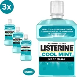 Listerine® Cool Mint Goût Doux, Rince-bouche Sans Alcool Aux Huiles Essentielles, Aide à éliminer Les Bactéries Et Rafraîchit L’haleine Durablement, 500 Ml - Lot De 3
