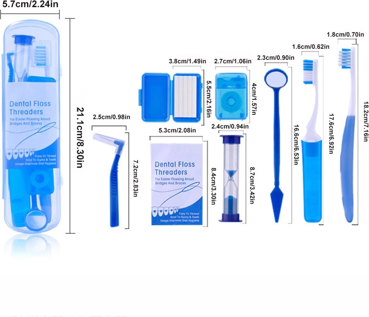 Set Orthodontique 8 Pièces - Brosse à Dents, Brosse Interdentaire, Fil Dentaire, Miroir, Sablier, Brosse à Dents Pliable - Blauw 6 Set Orthodontique 8 Pièces - Brosse à Dents, Brosse Interdentaire, Fil Dentaire, Miroir, Sablier, Brosse à Dents Pliable - Blauw – Image 6