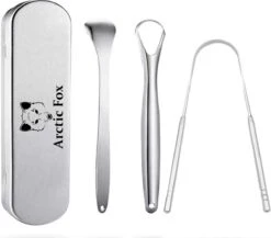 Arctic Fox® Gratte-langue En Acier Inoxydable De Haute Qualité Pour Soins Bucco-dentaires - 4 Pièces - Nettoyeur De Langue, Brosse à Langue Et Grattoir à Langue Et Boîte De Rangement En Acier Inoxydable - Durable Et Réutilisable