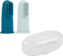 Nattou Silicone - Doigt Brosse à Dents Pour Bébé Set Avec Boîte De Rangement - 2 Pièces - Blauw