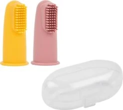 Nattou Silicone - Doigt Brosse à Dents Pour Bébé Set Avec Boîte De Rangement - 2 Pièces - Jaune/Rose