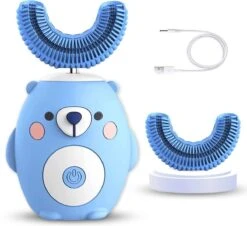 Brosse à Dents électrique Belenthi Enfants - Brosse à Dents En Forme De U Enfant - Ours Bleu Brosse à Dents électrique Enfant - 4 Accessoires Inclus -