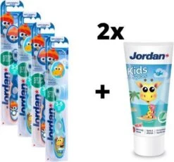 Jordan Step By Step 2 - 4x Brosse à Dents (3-5 Ans) Couleur Blauw/ Vert Avec 2x Jordan Dentifrice 0-5 Ans