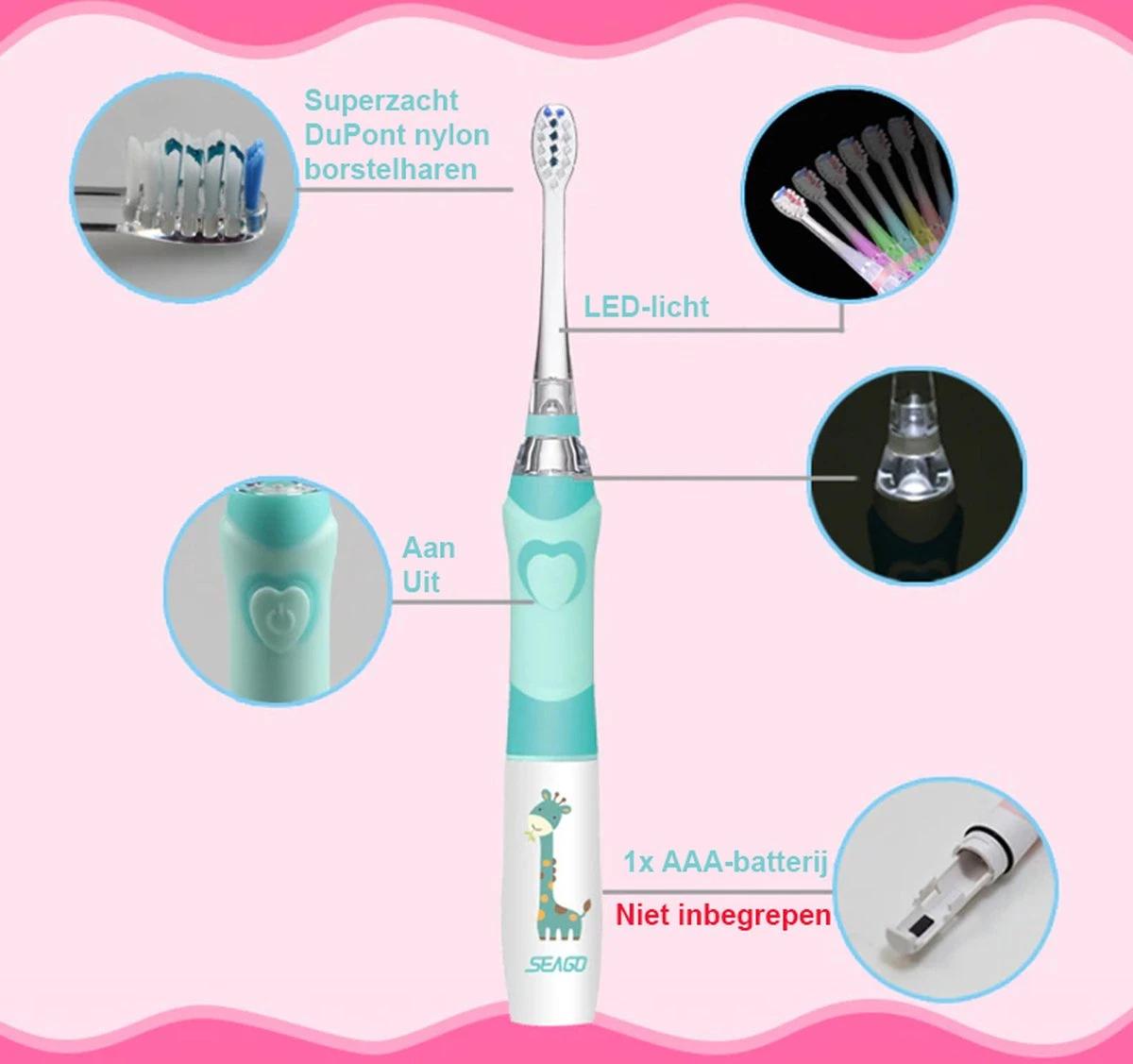 Brosse à Dents électrique Pour Enfants - Fille Et Garçon - De 3 à 12 Ans - Brosse à Dents Pour Enfants Sur Pile (1x AAA Non Incluse) - Étanche - Avec LED - 3x Têtes De Brosse - Minuterie Intelligente - Rose 5 Brosse à Dents électrique Pour Enfants - Fille Et Garçon - De 3 à 12 Ans - Brosse à Dents Pour Enfants Sur Pile (1x AAA Non Incluse) - Étanche - Avec LED - 3x Têtes De Brosse - Minuterie Intelligente - Rose – Image 5