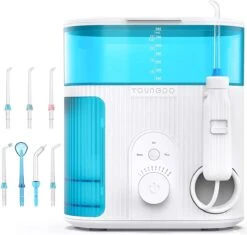 YOUNGDO Irrigateur Buccal, Nettoyeur De Dents Avec Désinfection UV, Irrigateur Buccal Fixe Avec Réservoir D'eau De 800 Ml Et 7 Buses, Ailette D'eau, Idéal Pour La Famille