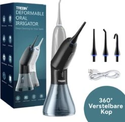 Trebin Sans Fil - Tête Pivotante 360° - Waterpik - Électrique - Rechargeable - Hydropulseur - Irrigateur Oral - 4 Positions - 3 Attachements - Réservoir 260 Ml - Zwart