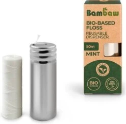 Fil Dentaire Vegan | Fil Dentaire Écologique | Ruban Dentaire | Cire De Candelilla | Zéro Déchet | Distributeur En Inox | Porte Fil Dentaire Rechargeable | Menthe | 50 M | Bambaw