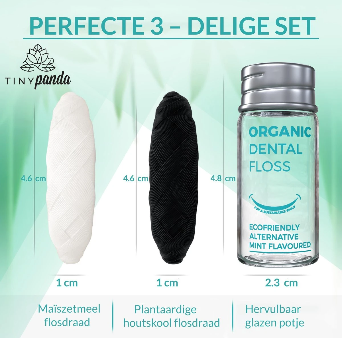 Fil De Soie écologique - 1 Fil De Charbon De Bambou Et 1 Fil Recharge D'amidon De Maïs 100% Végétalien Et Biodégradable - Saveur De Menthe - Avec Bocal En Verre Rechargeable - Tiny Panda 2 Fil De Soie écologique - 1 Fil De Charbon De Bambou Et 1 Fil Recharge D'amidon De Maïs 100% Végétalien Et Biodégradable - Saveur De Menthe - Avec Bocal En Verre Rechargeable - Tiny Panda – Image 2