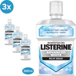 Listerine® Advanced White Goût Doux, Rince-bouche, élimine La Décoloration Sévère Pour Des Dents Plus Blanches En Seulement 1 Semaine, 500 Ml- Lot De 3