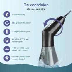 Trebin Sans Fil - Tête Pivotante 360° - Waterpik - Électrique - Rechargeable - Hydropulseur - Irrigateur Oral - 4 Positions - 3 Attachements - Réservoir 260 Ml - Zwart -Dentaires Appareils Magasin 1200x1200 653