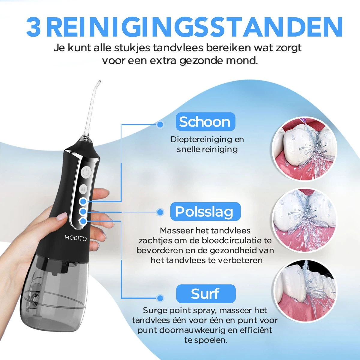 MODITO Hydropulseur PRO - 350ML - 3 Positions - 6 Attachements - Irrigateur Buccal - Hydropulseur Sans Fil - Zwart 2 MODITO Hydropulseur PRO - 350ML - 3 Positions - 6 Attachements - Irrigateur Buccal - Hydropulseur Sans Fil - Zwart – Image 2