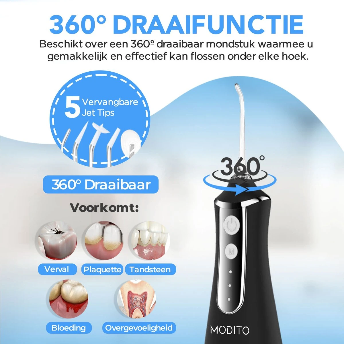 MODITO Hydropulseur PRO - 350ML - 3 Positions - 6 Attachements - Irrigateur Buccal - Hydropulseur Sans Fil - Zwart 4 MODITO Hydropulseur PRO - 350ML - 3 Positions - 6 Attachements - Irrigateur Buccal - Hydropulseur Sans Fil - Zwart – Image 4