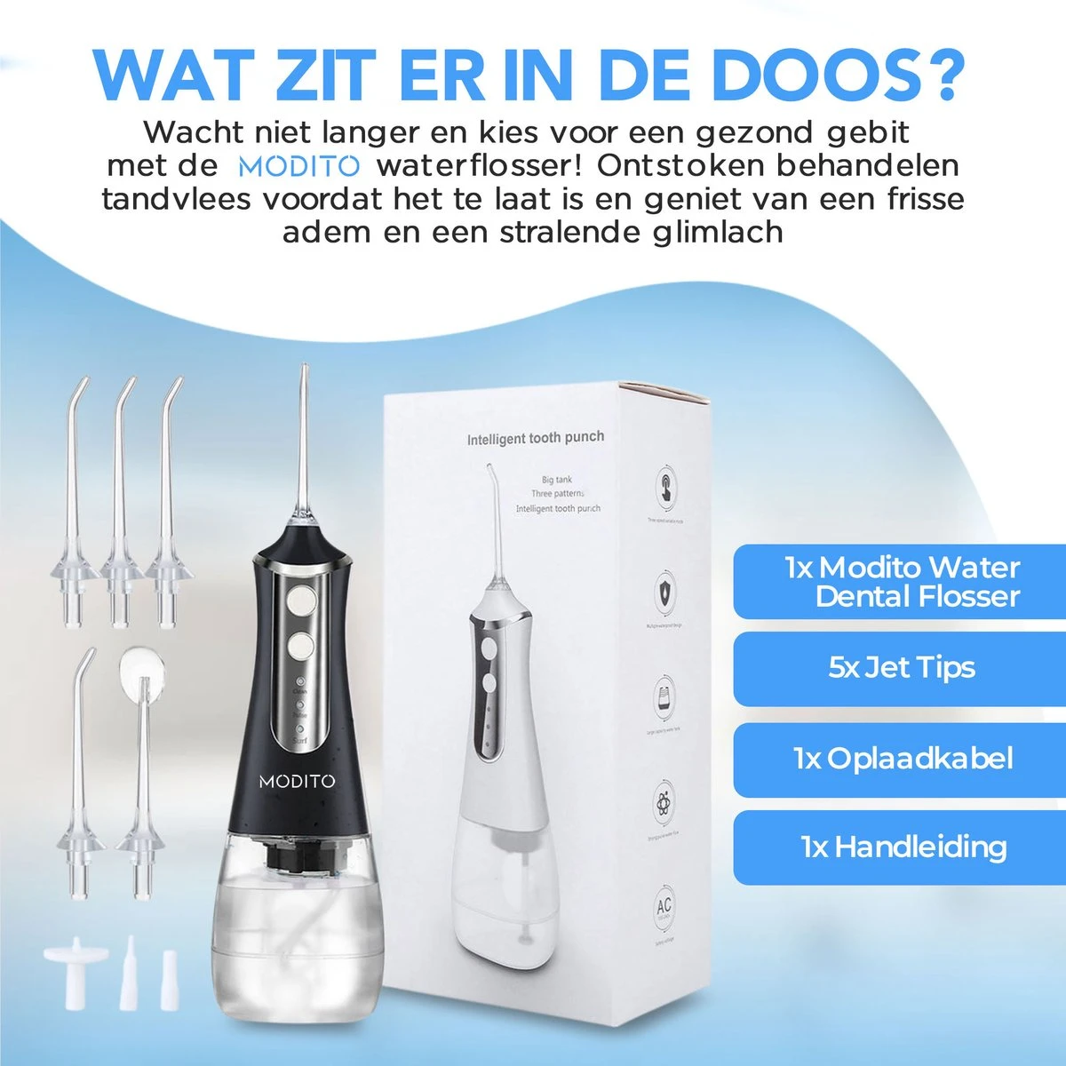 MODITO Hydropulseur PRO - 350ML - 3 Positions - 6 Attachements - Irrigateur Buccal - Hydropulseur Sans Fil - Zwart 6 MODITO Hydropulseur PRO - 350ML - 3 Positions - 6 Attachements - Irrigateur Buccal - Hydropulseur Sans Fil - Zwart – Image 6