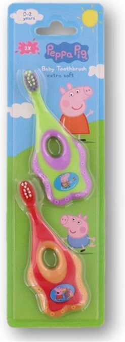 Peppa Pig - Brosse à Dents - Anneau De Dentition - 2 Pièces - Peppa Big Brosse à Dents - Bébé - Extra Soft - Violet/vert & Oranje/rouge - Pappa Pig.