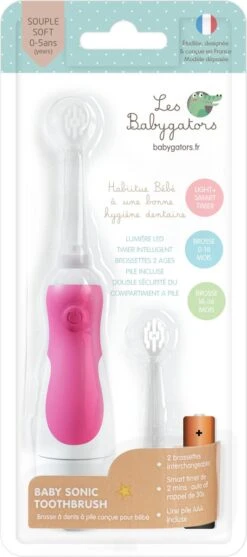 Brosse à Dents Électrique Sonic Bébé 0-5 Ans | Rose | Fonction Minuterie Avec Lampe LED | Babygators