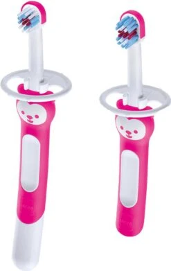 MAM - Brosse à Dents Bébé - Lot De 2 Brosses à Dents - Stimule L'auto-brossage - Rose - Une Brosse à Dents Pour Se Brosser Ensemble Et Une Pour Se Brosser Indépendamment