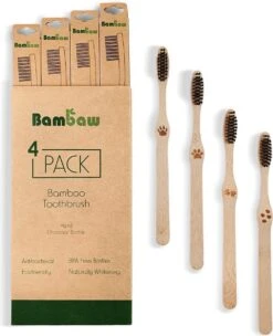 Brosse à Dents En Bambou | Dur | 4 Pièces | Brosse à Dents Eco En Bois | Blanchiment Des Dents Au Charbon De Bois Actif | Brosse à Dents Antibactérienne | Manche 100% Biodégradable | 4 Pièces | Bambaw